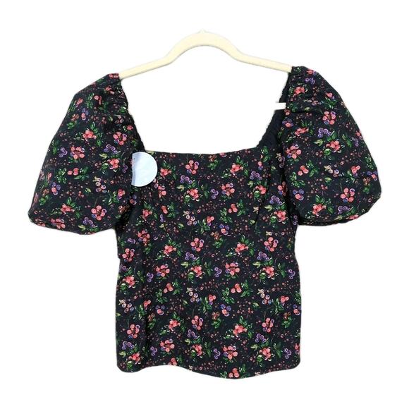 HILL HOUSE Matilda Top Berry Floral Taffeta Puff Sleeves Smocked Women's Small - Picture 2 of 6